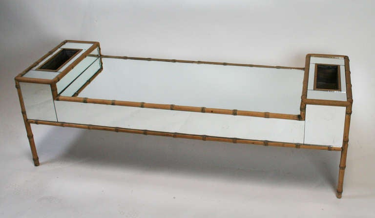 20th Century Hollywood Regency Faux Bamboo Mirrored Coffee Table For Sale