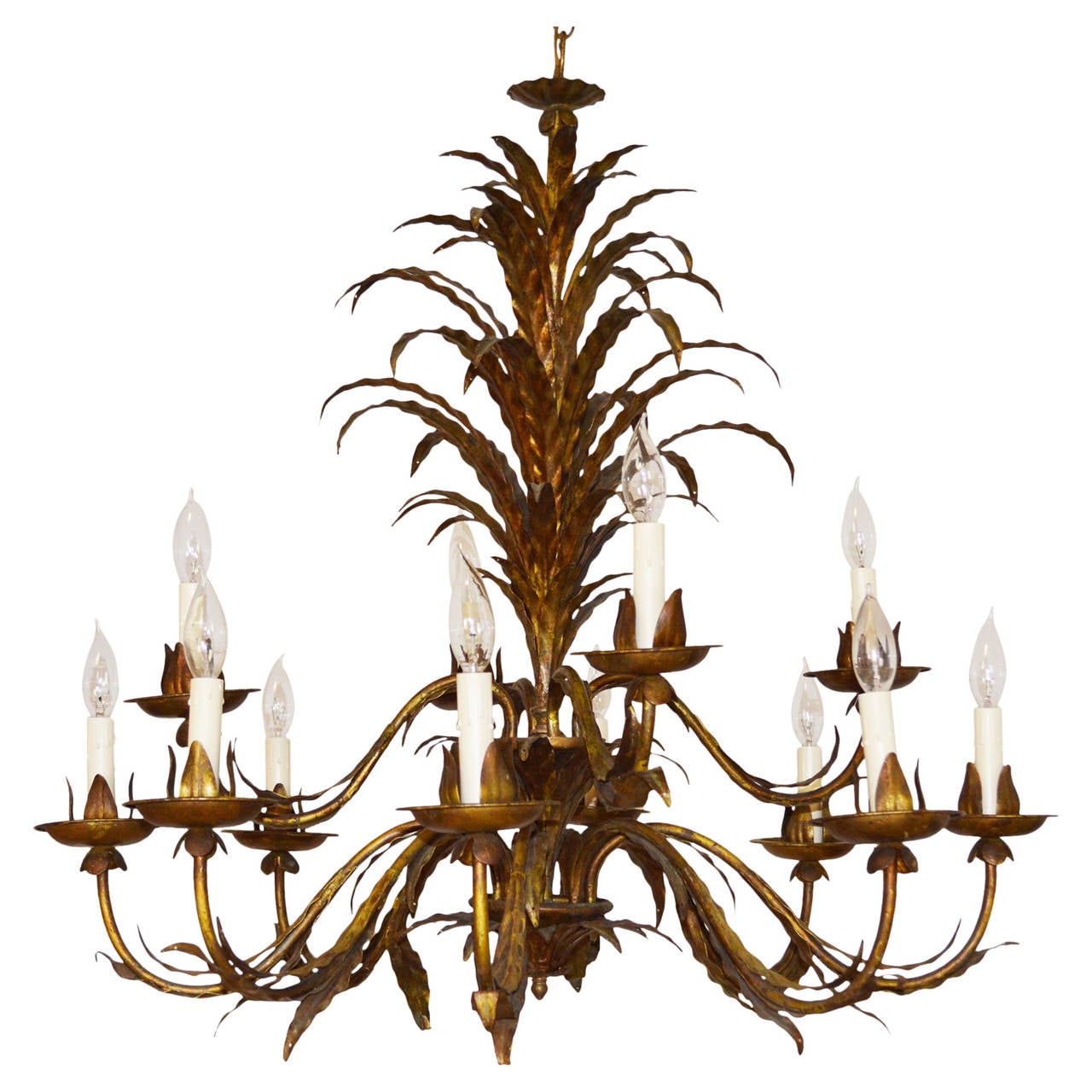 Gilt Metal TwelveLight Leaf Design Chandelier For Sale at 1stdibs