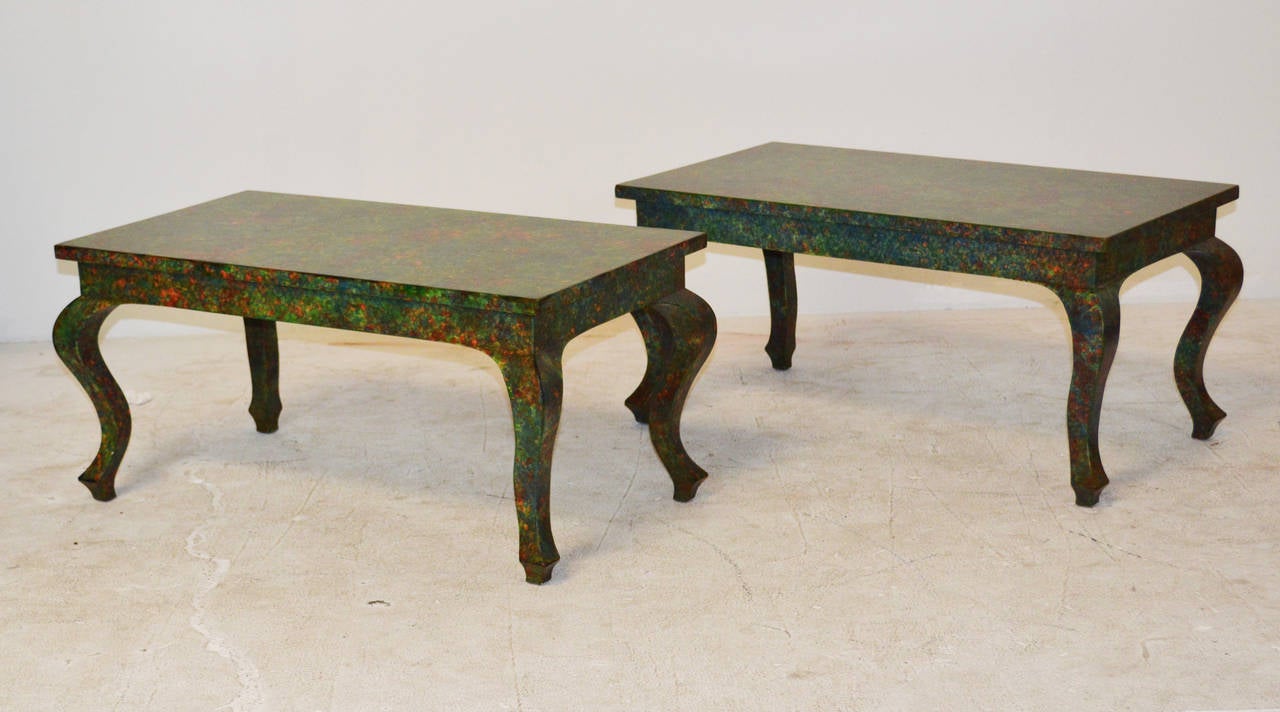 A lovely pair of 1960's Chinese inspired coffee tables with cabriole legs and spectacular multi-color oil drip finish. Would also be lovely as low side tables.