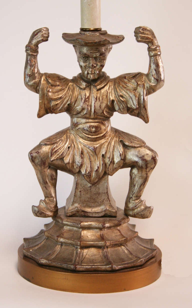 Sculptural lamp in the style of Billy Haines. Figure of an Asian man in silver gilt. Beautiful patina and carving. 17