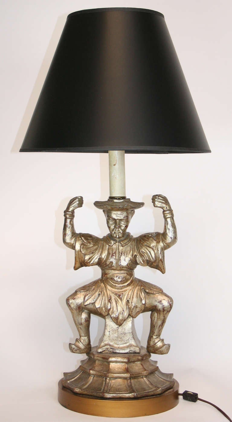 Hand-Carved Billy Haines Style 1950's Silver Gilt Carved Wood Lamp For Sale