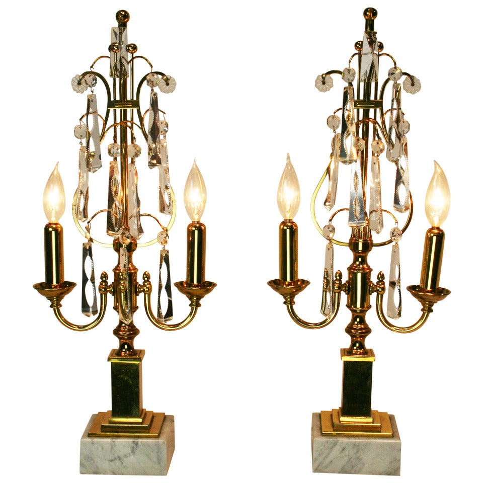 Pair of Mid-Century Brass and Crystal Girandoles For Sale