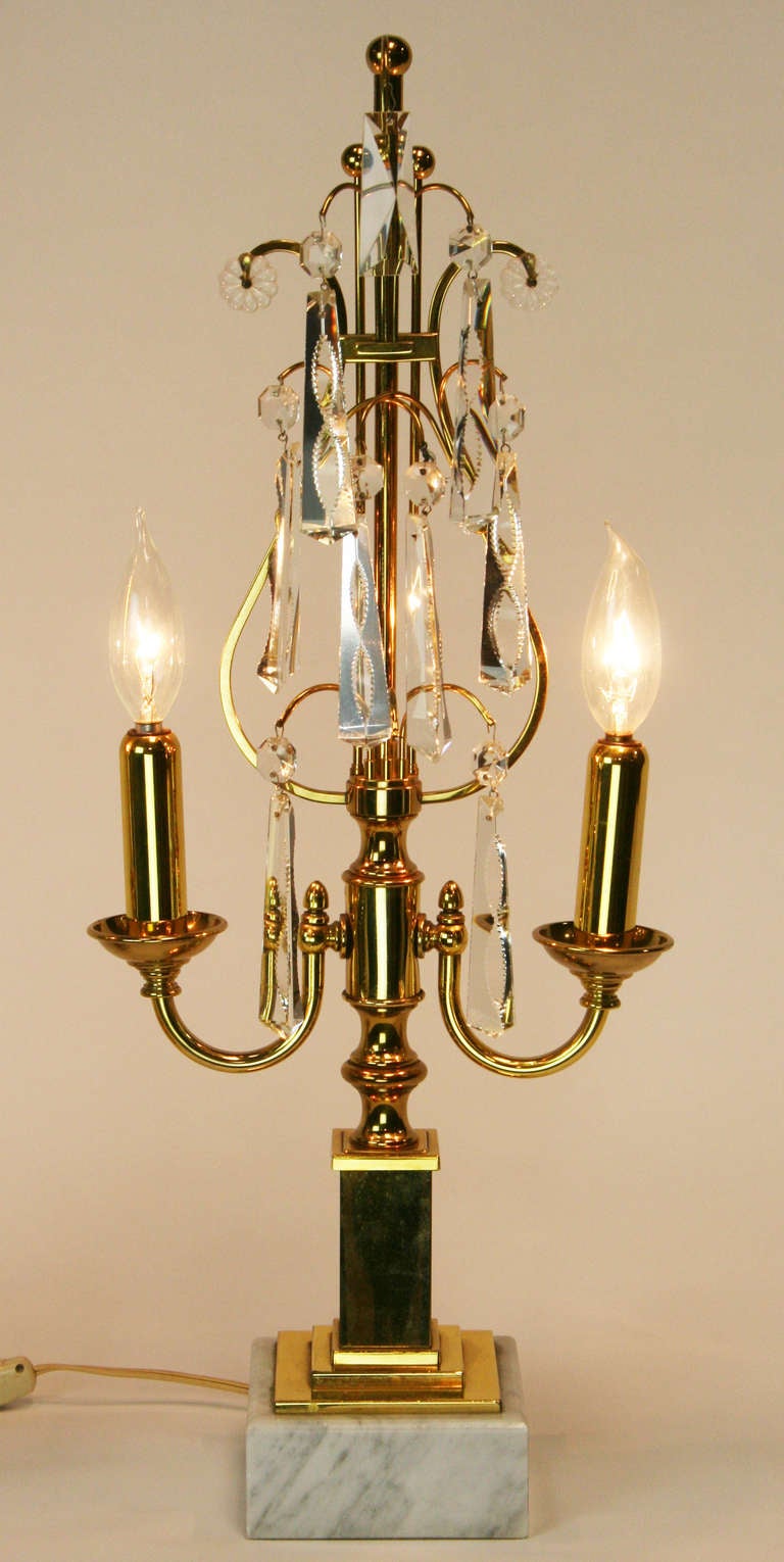 Hollywood Regency Pair of Mid-Century Brass and Crystal Girandoles For Sale