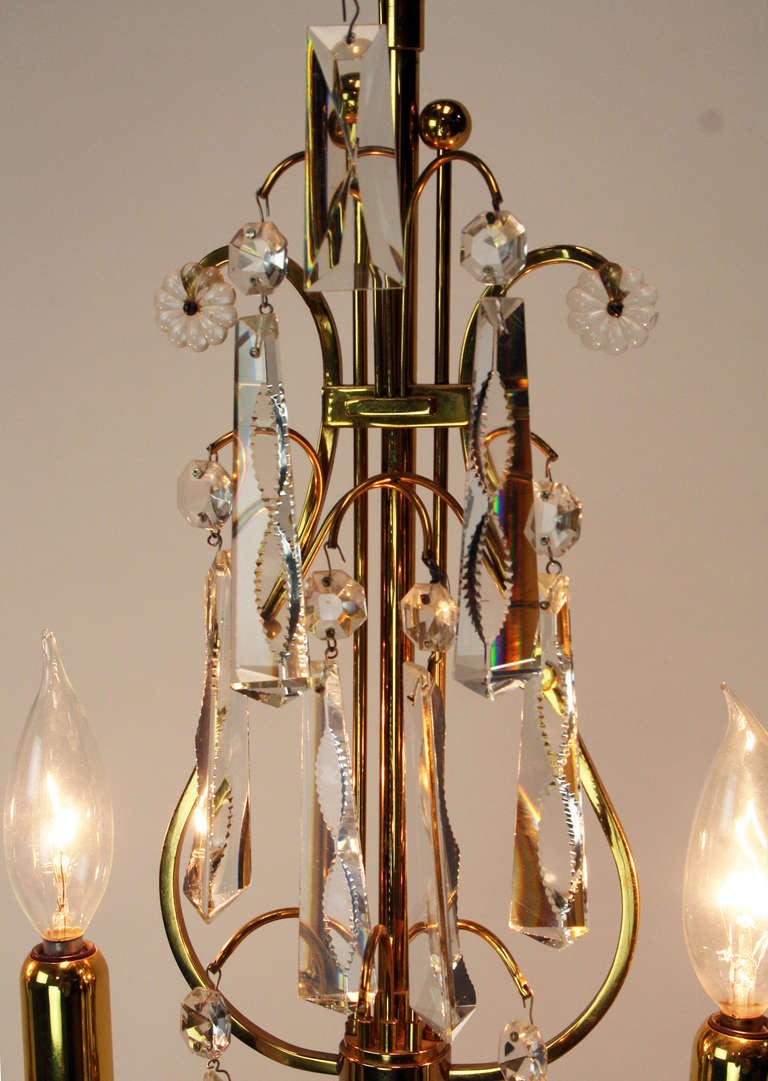 French Pair of Mid-Century Brass and Crystal Girandoles For Sale