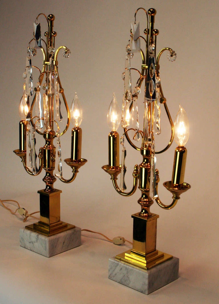 Pair of Mid-Century Brass and Crystal Girandoles In Good Condition For Sale In Palm Springs, CA