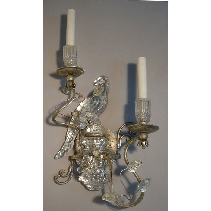 Pair of Crystal and Antiqued Silver Two Light Sconces