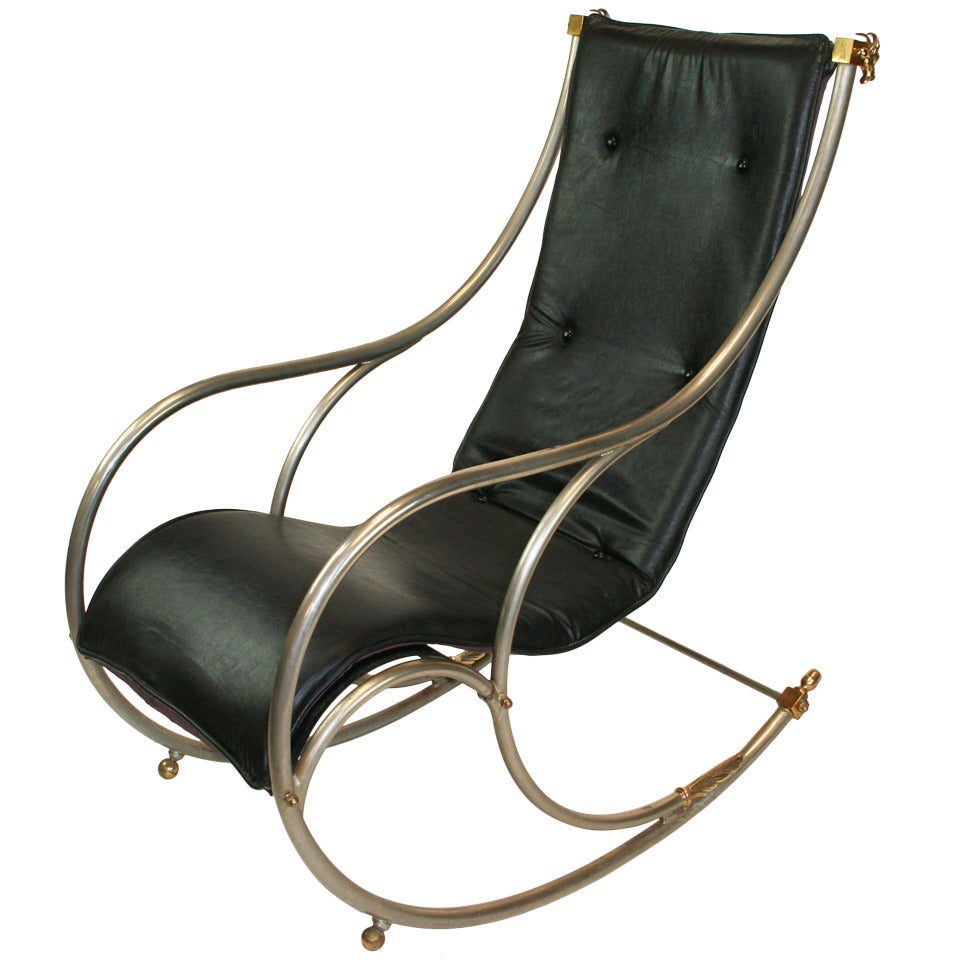 Jansen Style Steel and Brass Campaign Rocking Chair