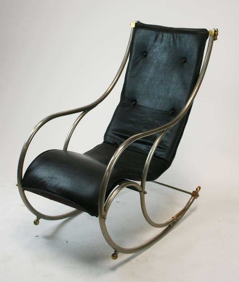 20th Century Jansen Style Steel and Brass Campaign Rocking Chair