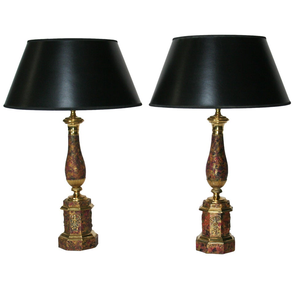 Pair of 19th C. French Faux Marble Tole Lamps For Sale