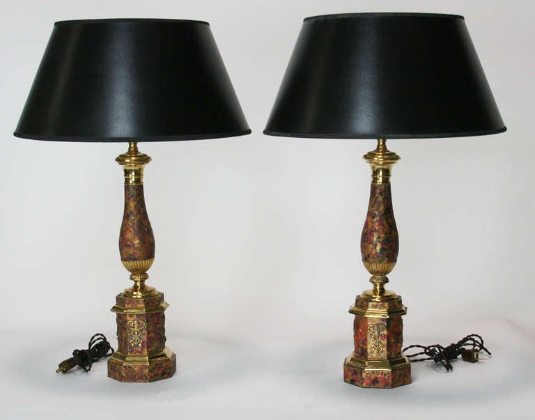 Lovely pair of lamps made from 19th Century French tole and gilt bronze oil lamps, with a faux marble paint finish. Shades not included, for display only.