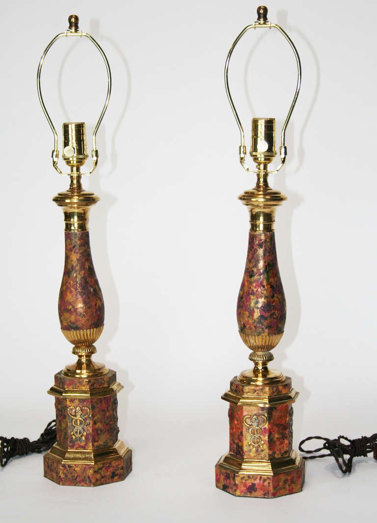 Empire Pair of 19th C. French Faux Marble Tole Lamps For Sale