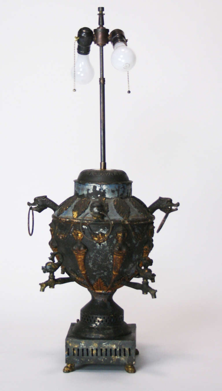 Bohemian Antique Tole Samovar Mounted As A Lamp For Sale