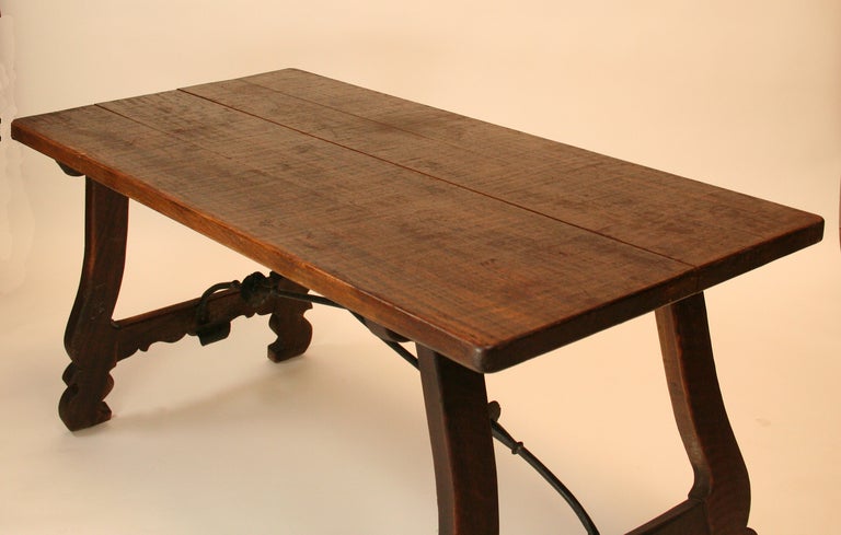 19th Century Spanish Walnut and Iron Trestle Table For Sale
