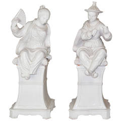 Pair of Large Italian Faience Glazed Chinese Figures on Pedestals