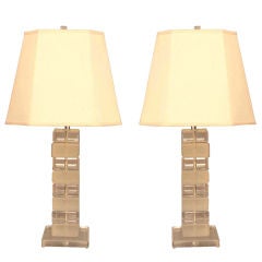 Pair of Stacked Block Lucite Lamps