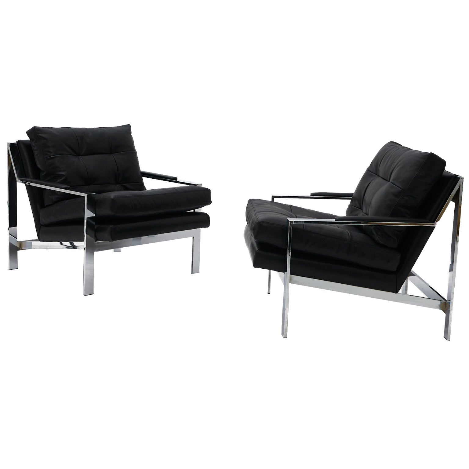 Pair of Black Leather and Chrome Lounge Chairs