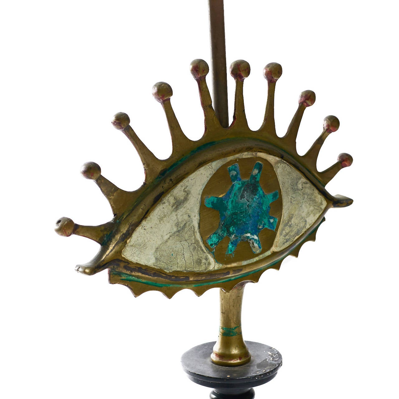 An interesting and rare table lamp by Pepe Mendoza. Features painted, cast brass (or bronze) and wood with turquoise inlay. Beautiful patina on Base.