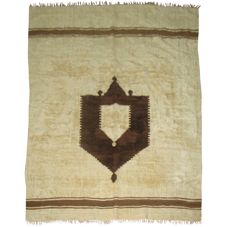 Vintage Ivory and Brown Turkish Mohair Rug For Sale at 1stDibs