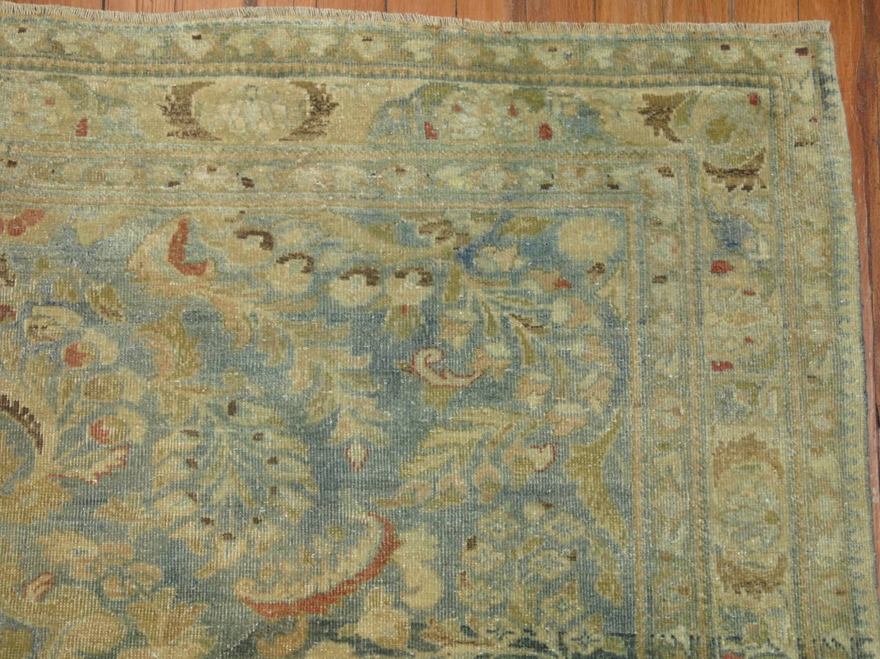 Tissé à la main Ancien tapis de Sarouk traditionnel persan carré de 4 pieds de couleur bleu turquoise en vente