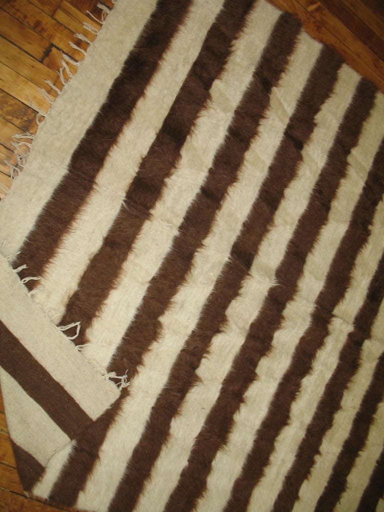 A wonderful ivory and chocolate striped Turkish Kilim woven with authentic Angora Mohair Wool. No flaws whatsoever !