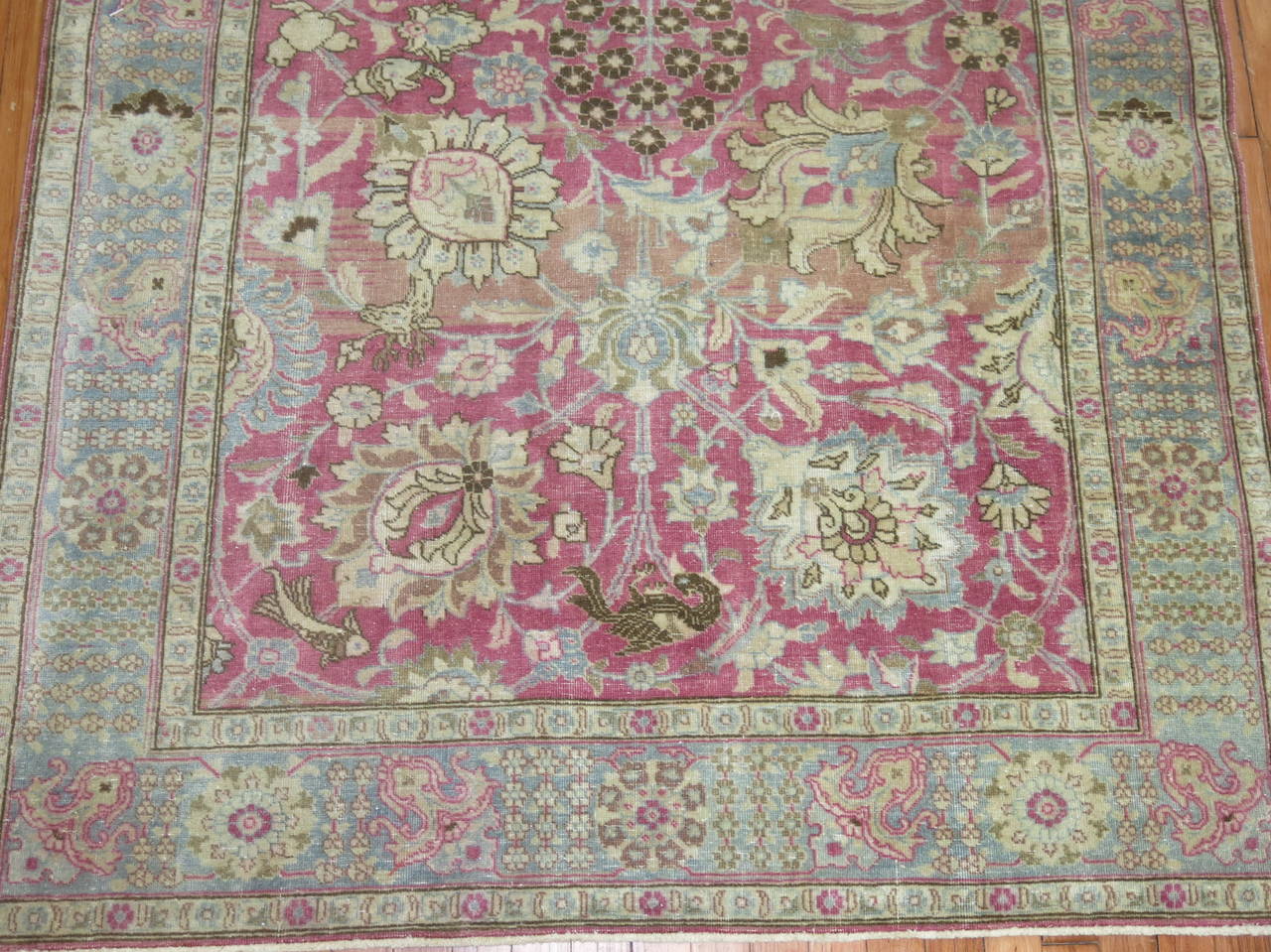 Authentic Persian Tabriz featuring an abrashed fuchsia colored background.