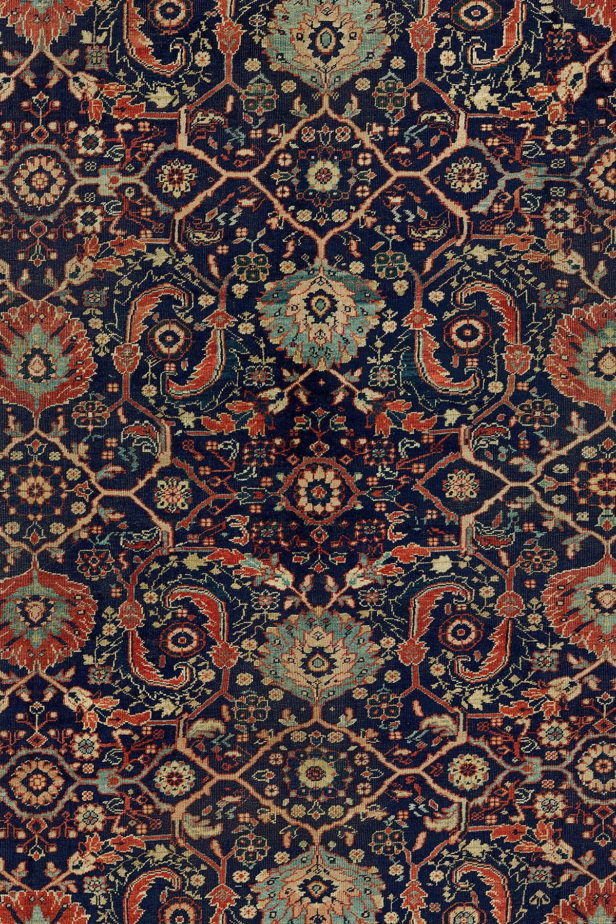 Navy ground, rusty red border early 20th century Persian Mahal Sultanabad rug.
Very good condition overall. Pictures shown from light and dark side

Measures: 12'10