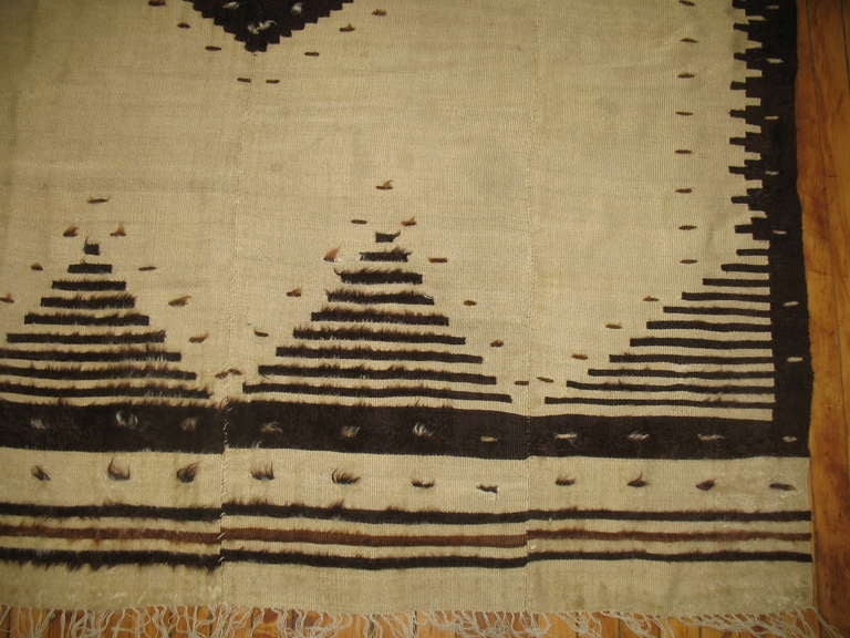 Tribal Vintage Turkish Mohair Rug in Ivory and Black