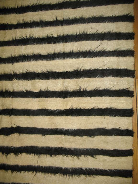 Mid-Century Modern Ivory Black Vintage Indian Mohair Wool Stripe 5 x 7 Rug 