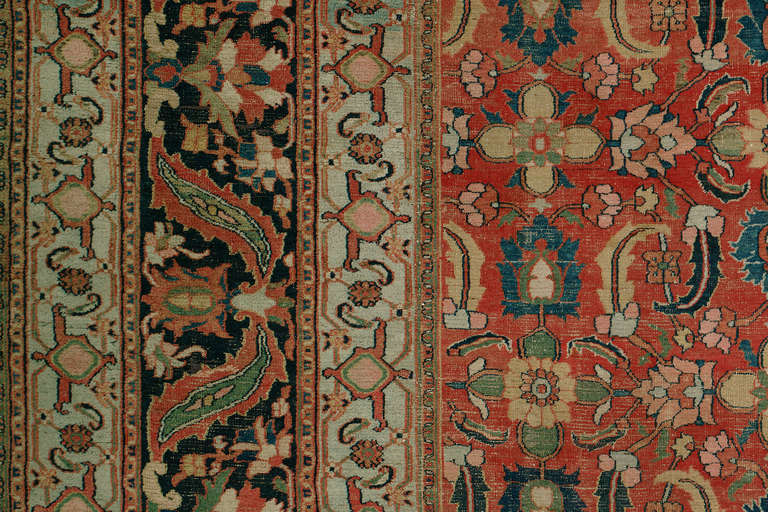 An early 20th century doroksh rug. The field is terracotta, the border is navy, light green, mustard, light blue, ivory accents.

Measures: 11'7'' x 19'10''


Antique Dorokhsh carpets are very much a decorator's carpet. Colors tend to be subtle