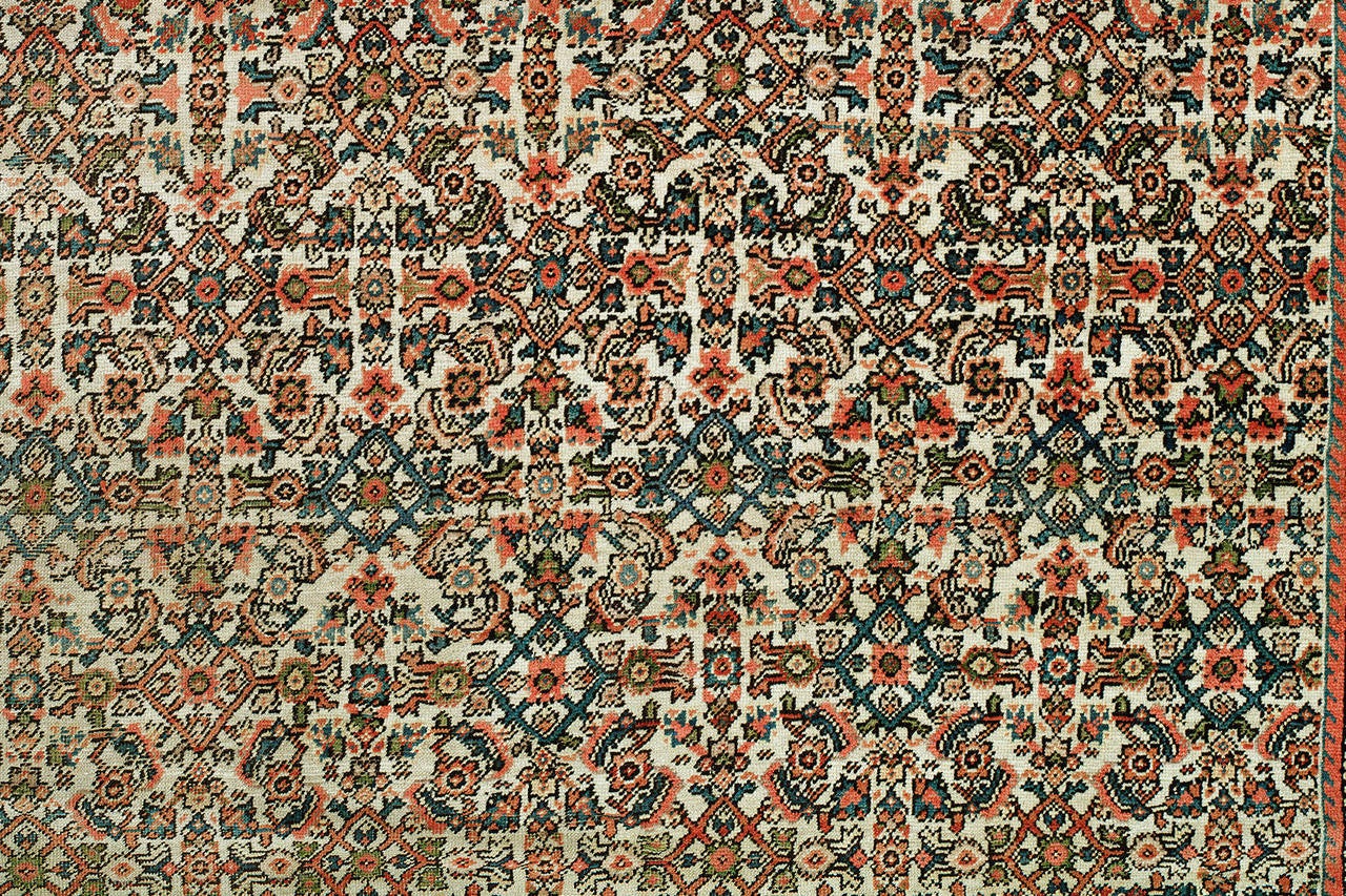Large size antique ferahan rug featuring an all-over geometric ivory field surrounded by a navy border.

 In the 19th century, many British companies opened oriental carpet factories and began to produce fine Persian Ferahan rugs and carpets for