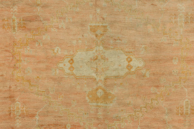 Large Square Soft Peach Antique Turkish Oushak Rug In Good Condition For Sale In New York, NY
