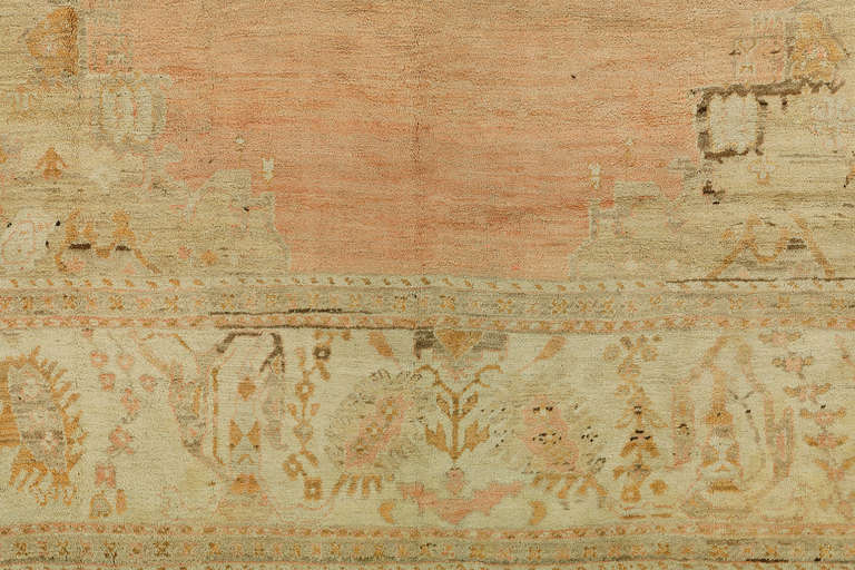 Phenomenal large size handmade Turkish Oushak in peach and cream.

Measures: 17'4'' x 19'10''

Oushak rugs originated in the small town of Oushak in west-central Anatolia, today just south of Istanbul, Turkey. Unlike most Turkish rugs, Oushak