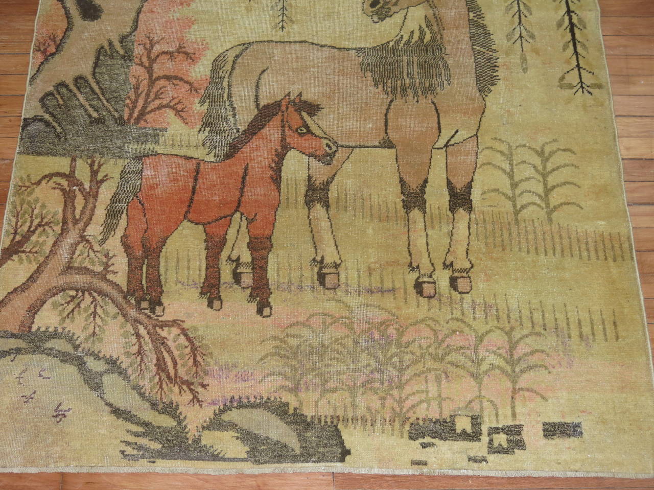 Antique Pictorial East Turkestan Rug with two horses 1