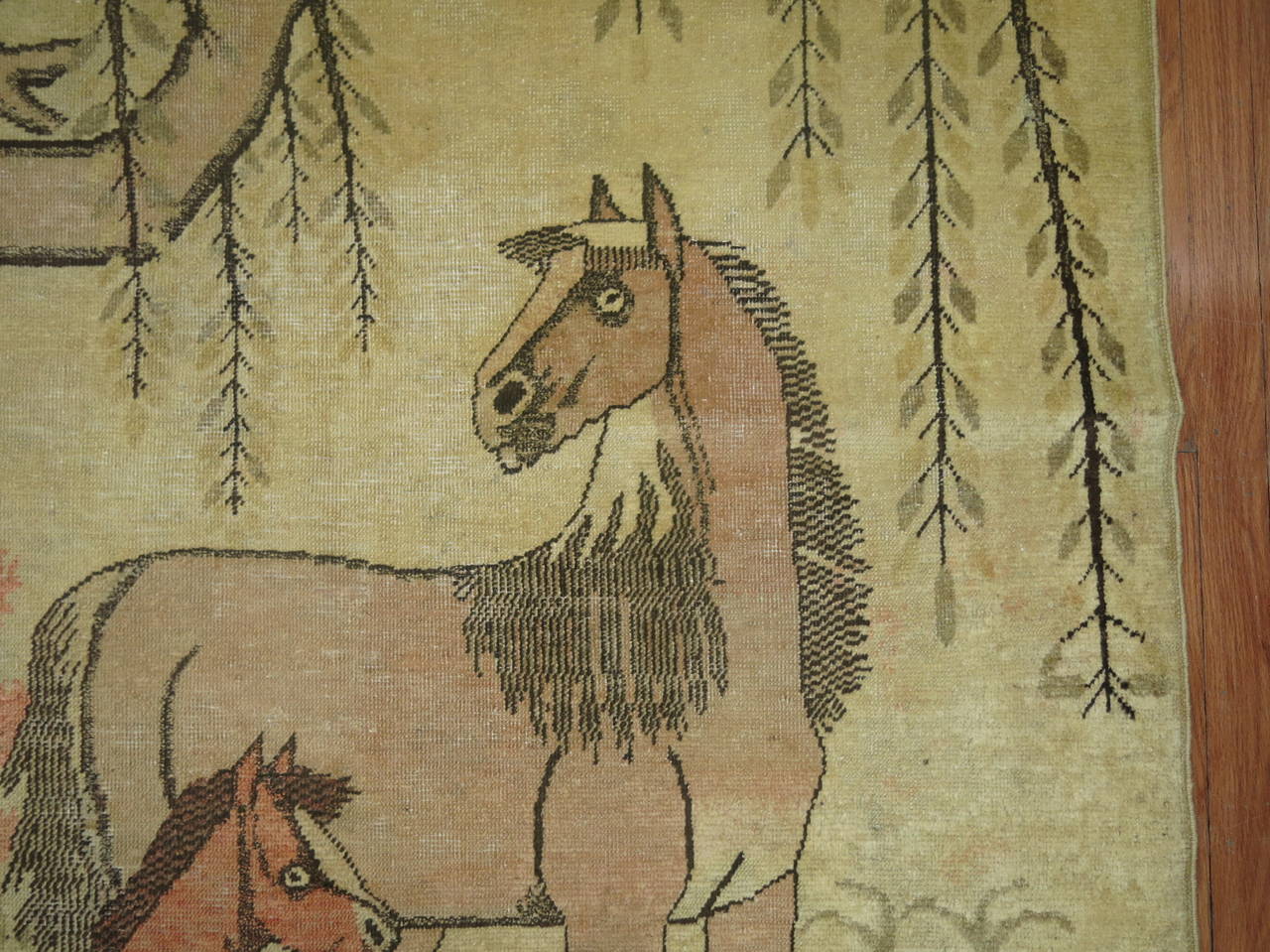 20th Century Antique Pictorial East Turkestan Rug with two horses