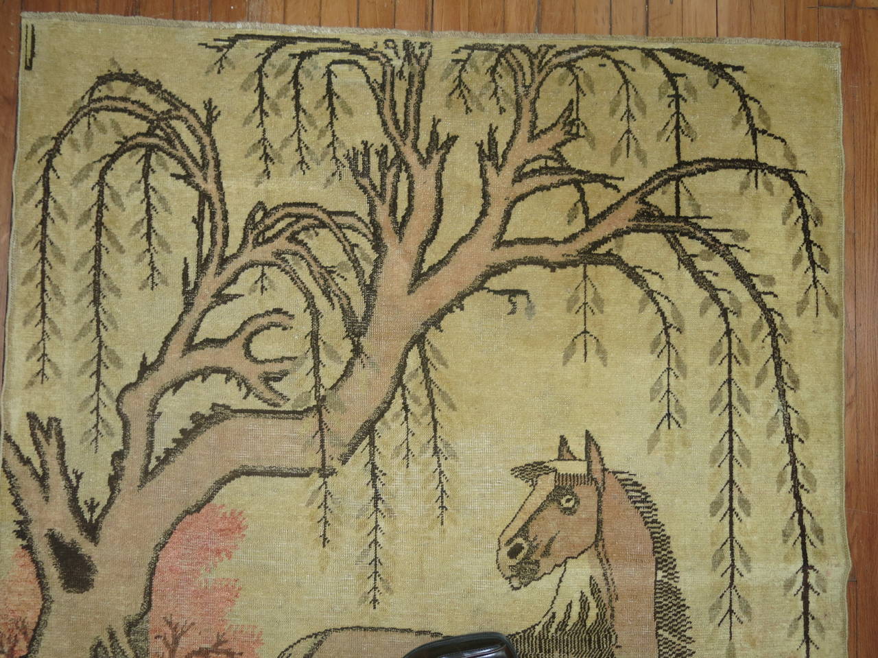 Cotton Antique Pictorial East Turkestan Rug with two horses