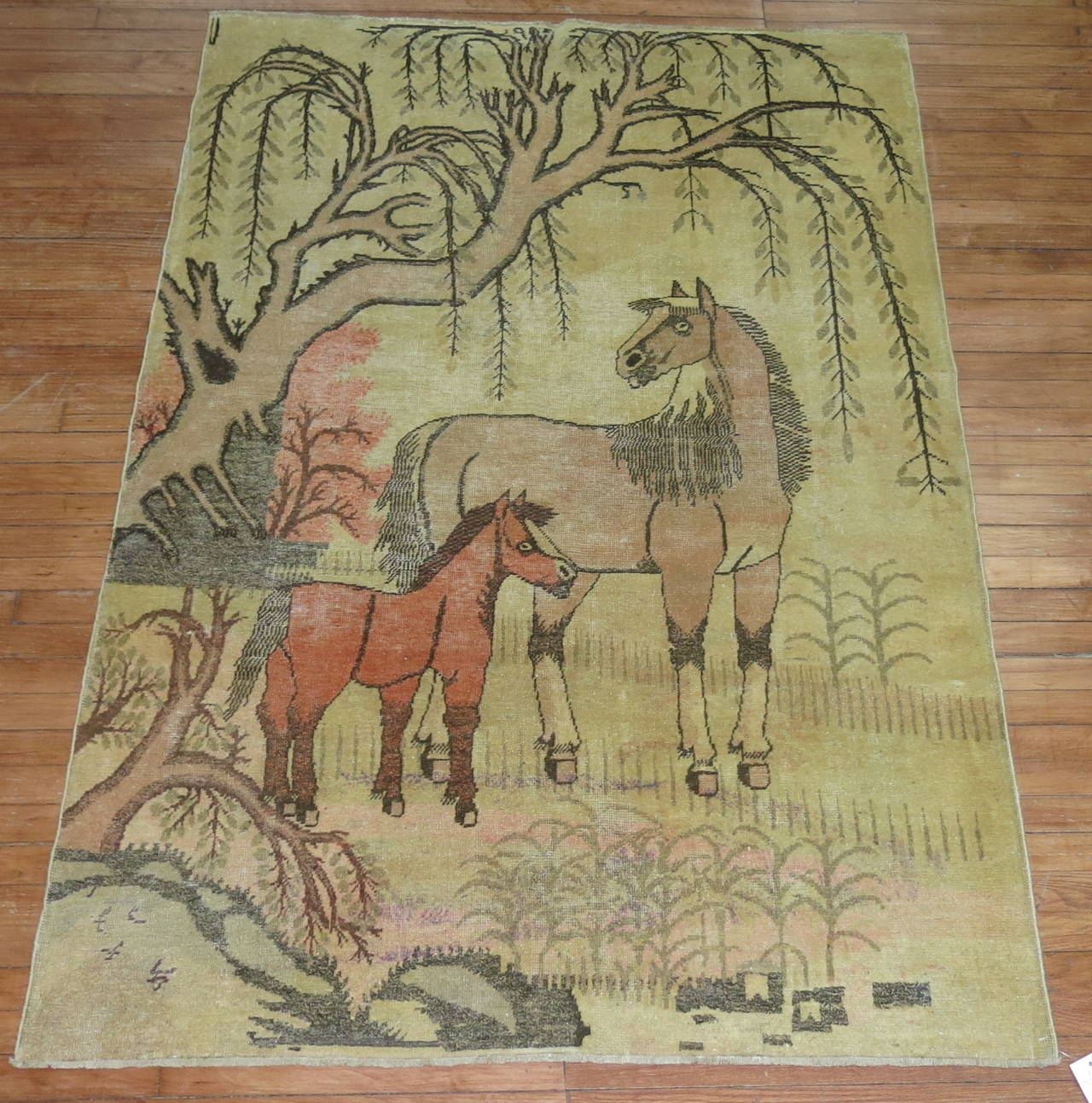 Expressionist Antique Pictorial East Turkestan Rug with two horses
