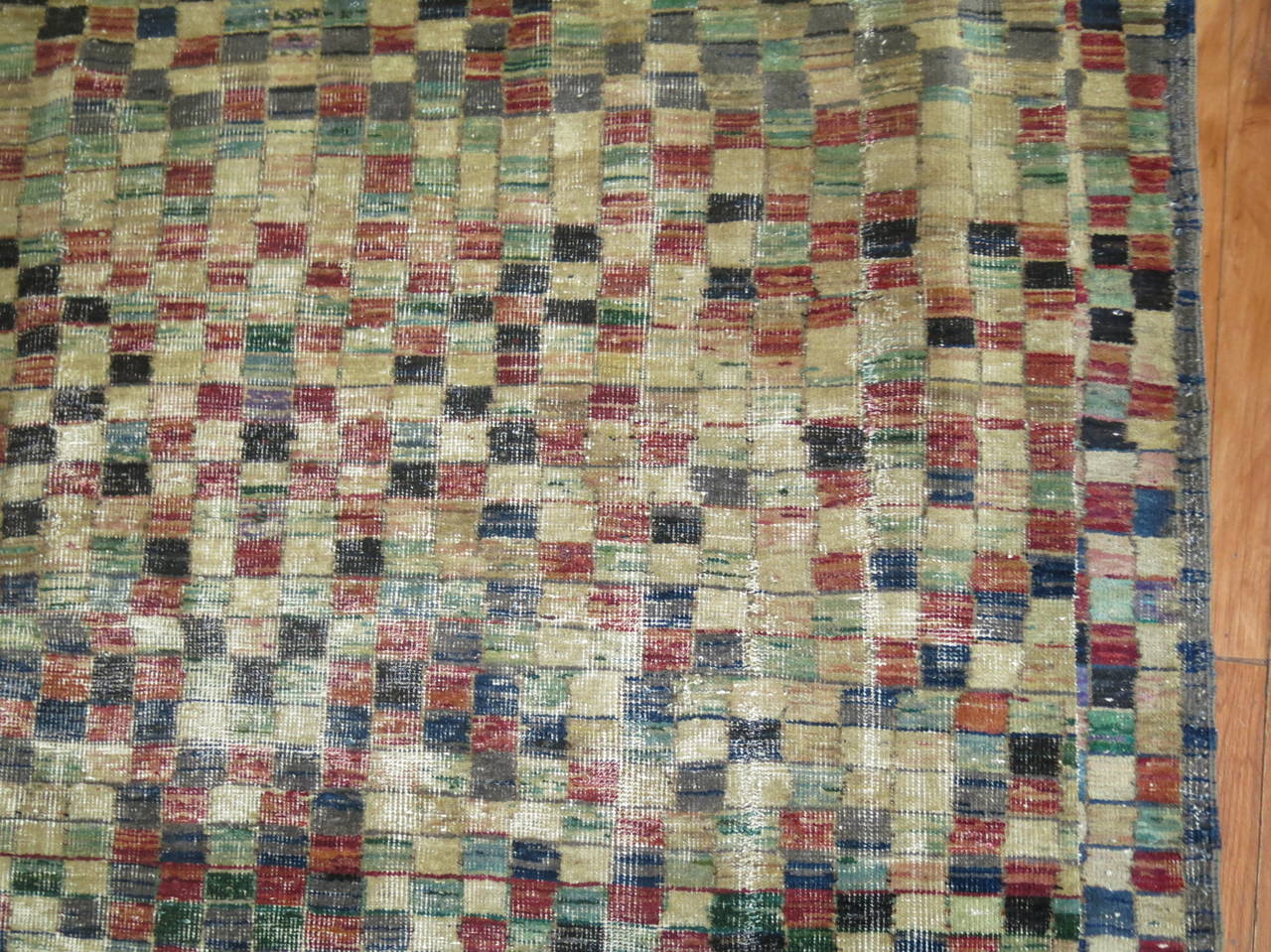 Hand-Knotted Worn Turkish Checker Motif Deco Room Rug For Sale