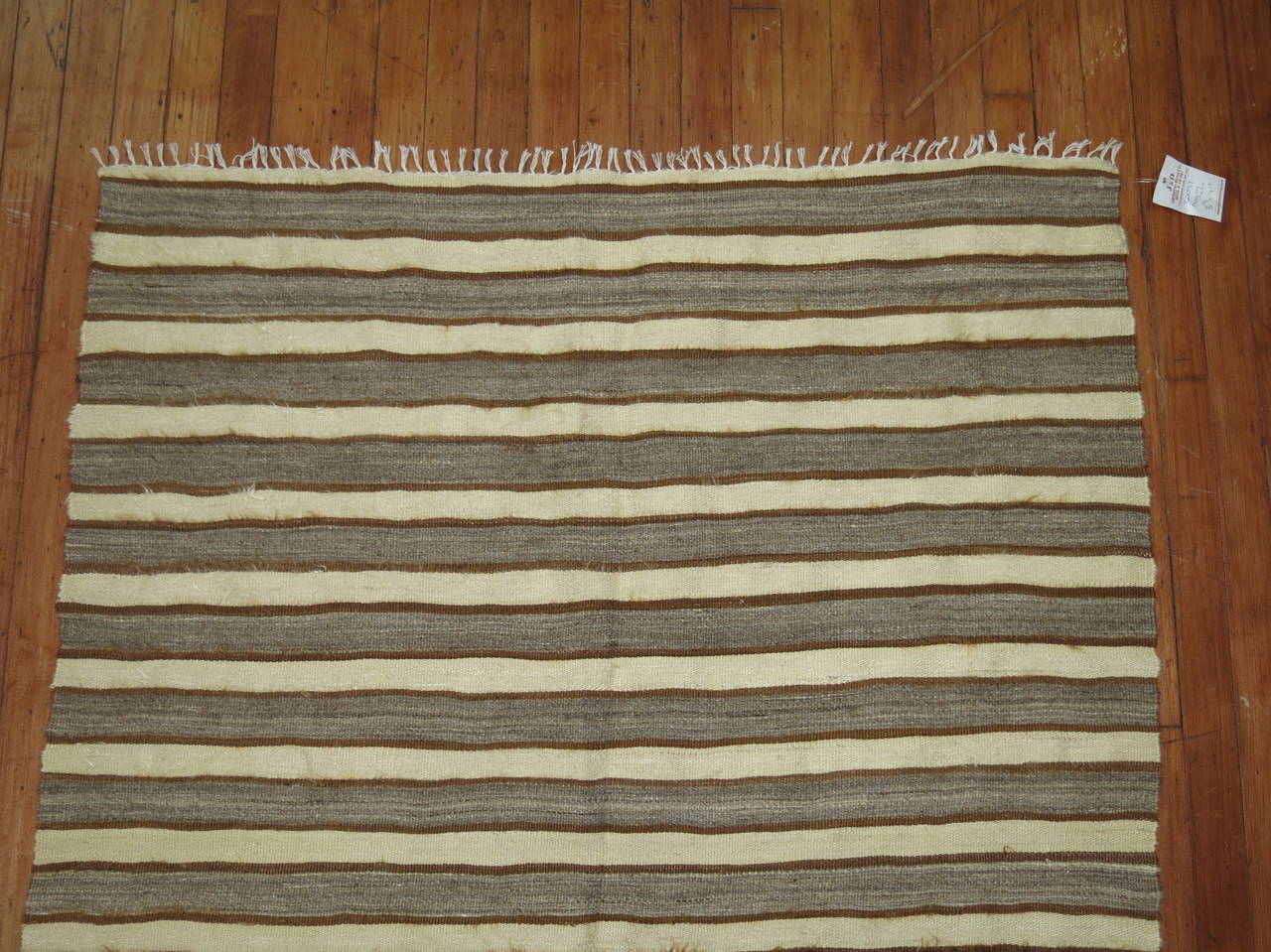 Mid century striped Turkish Mohair Rug. Grays, ivory and brown..