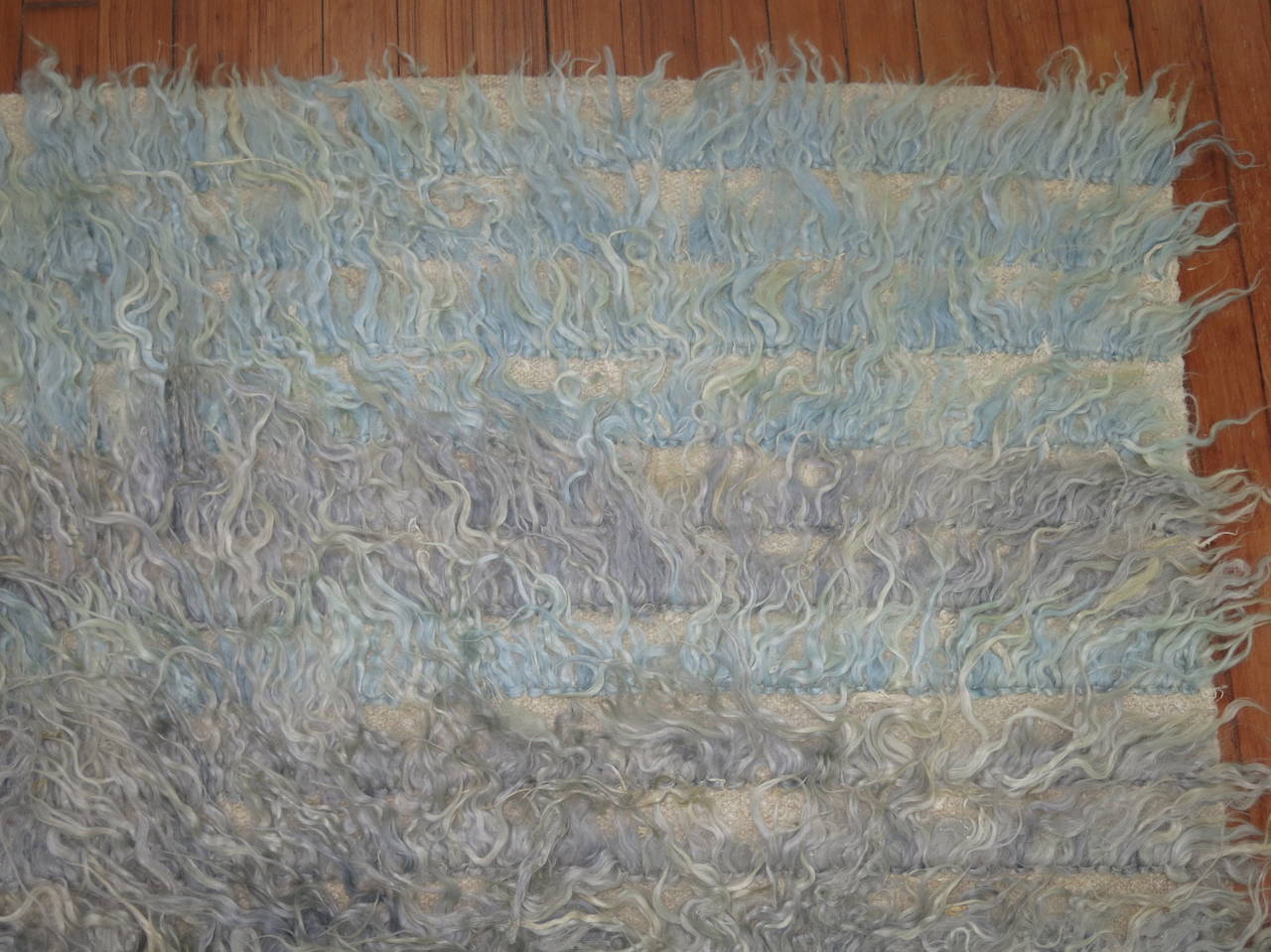 Powder Blue Abstract Vintage Turkish Tulu Mid-20th Century Shag Rug In Good Condition For Sale In New York, NY
