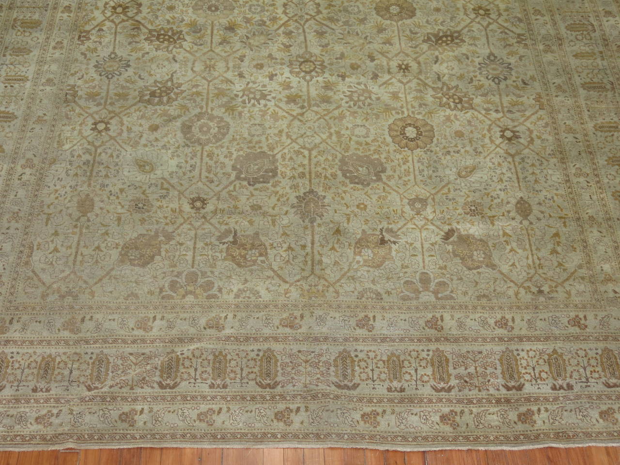 Beige Umber Brown Antique Persian Tabriz Carpet For Sale 2