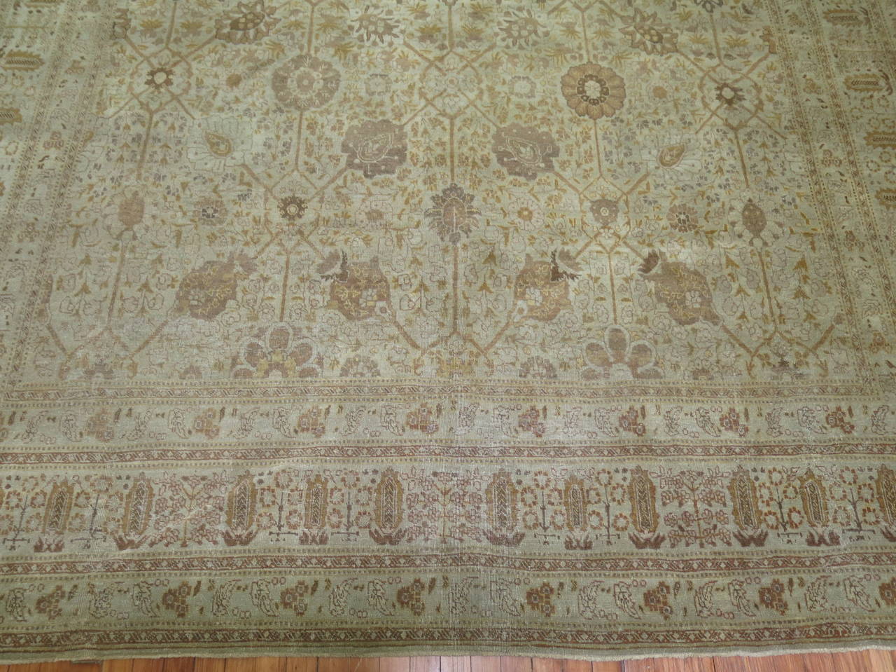 Greco Roman Beige Umber Brown Antique Persian Tabriz Carpet For Sale