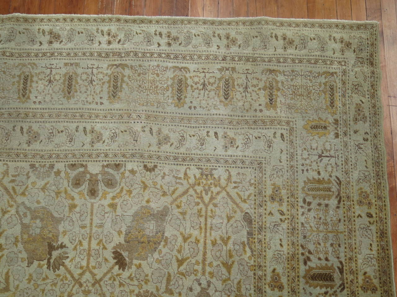 Wool Beige Umber Brown Antique Persian Tabriz Carpet For Sale