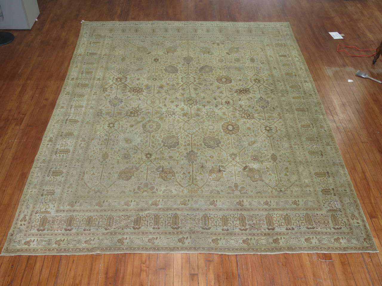 Beige Umber Brown Antique Persian Tabriz Carpet For Sale 1