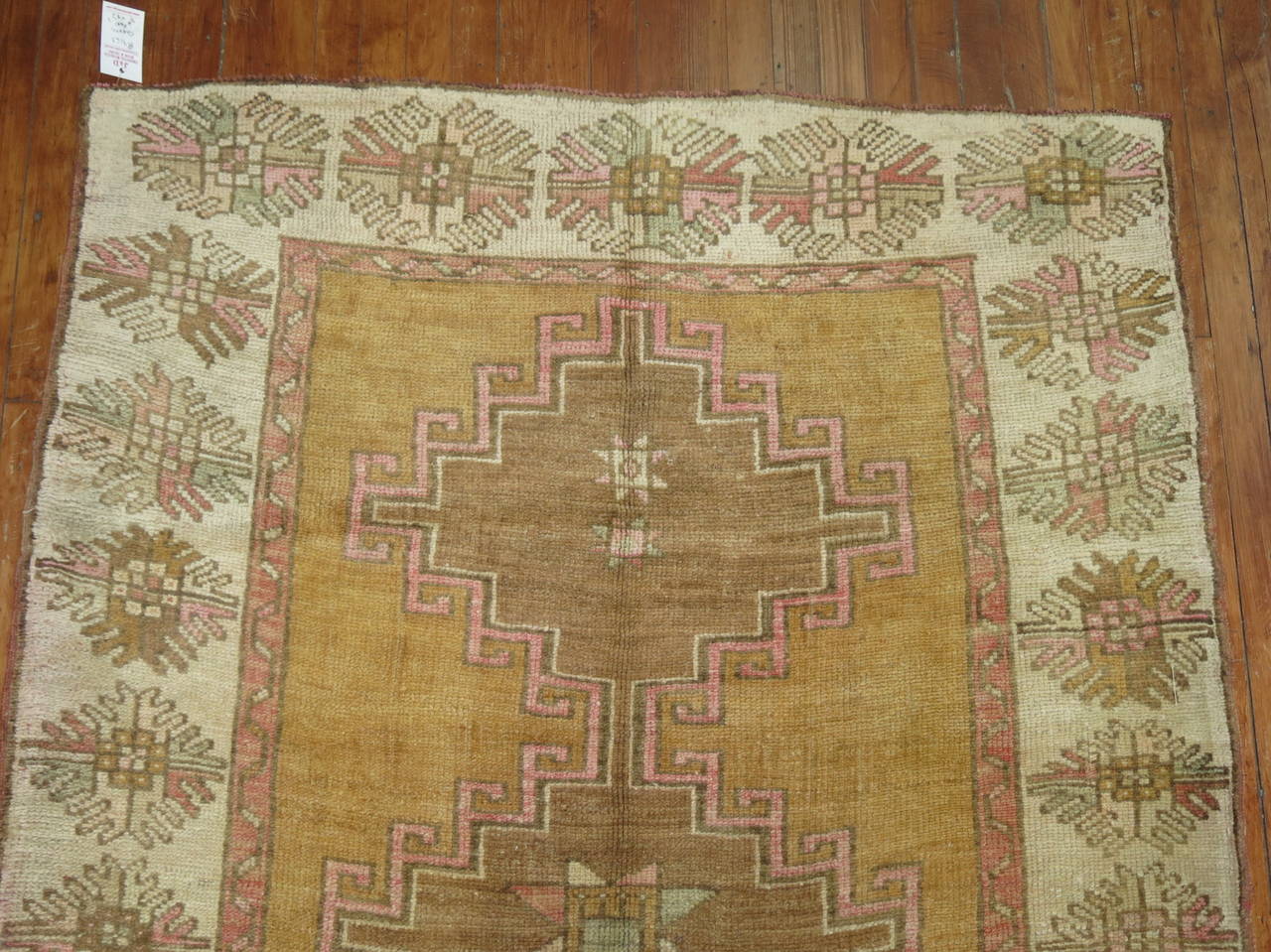 Tribal Pink Accent Brown Field 20th Century Vintage Wide Geometric Turkish Runner For Sale