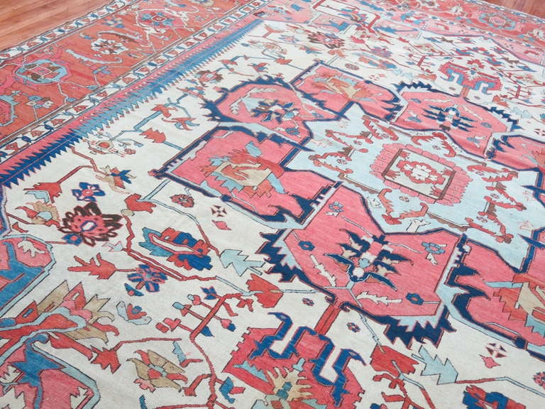 American Colonial Ivory Field Antique Persian Serapi Rug