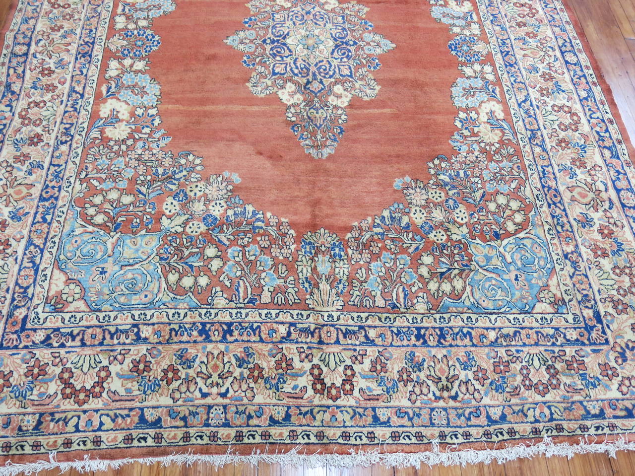 American Colonial Room Size Antique Persian Sarouk Rug For Sale