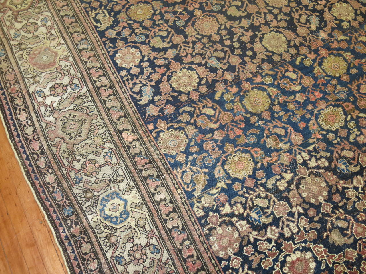 Square Size Antique Early 20th Century Blue Beige Dusty Rose Persian Malayer Rug In Good Condition For Sale In New York, NY