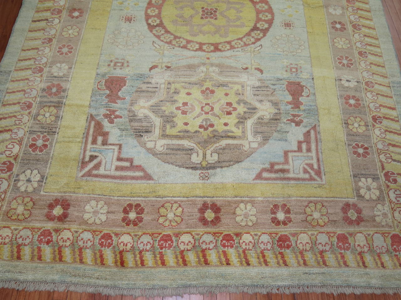 Chinese Export Square-Size Vintage Wool Khotan Rug For Sale