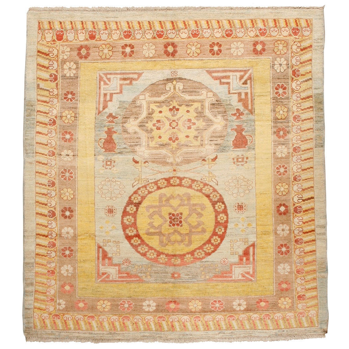 Square-Size Vintage Wool Khotan Rug For Sale