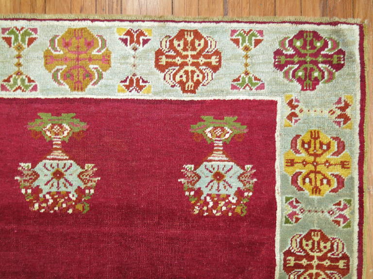 Hand-Knotted Cranberry Field Turkish Scatter Handwoven Rug For Sale